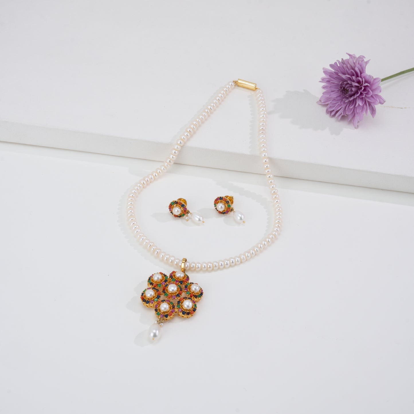 Fancy Multicolor Stone Freshwater Pearl Necklace Set