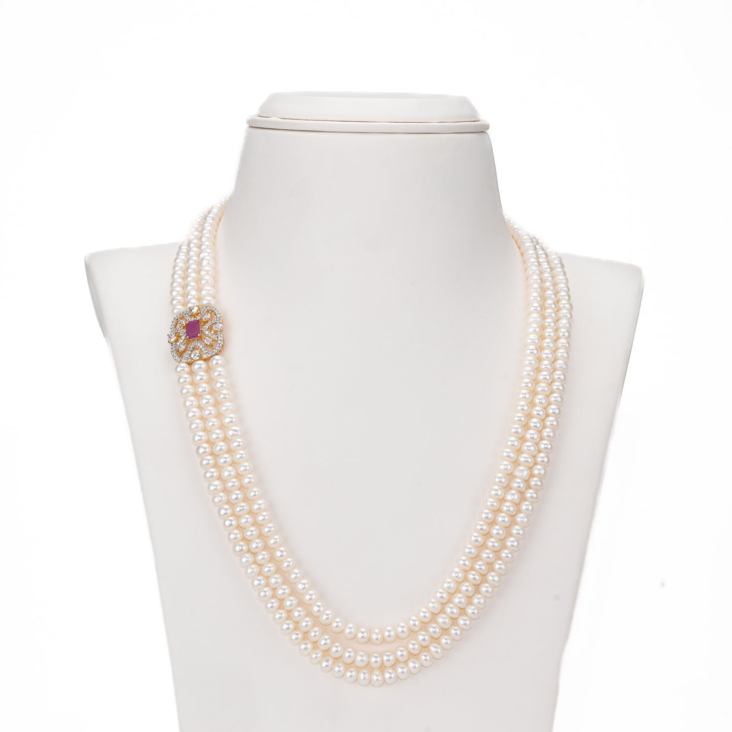 Stunning Red Stone Side Piece Freshwater Pearl Necklace and Earring Set