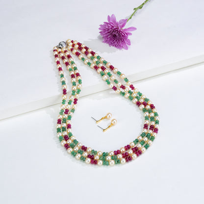 Natural Ruby & Emerald Beads and 6.0-7.0mm Golden Akoya Saltwater Pearls Necklace Set - A Quality