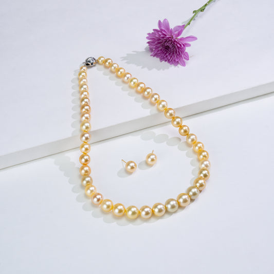 8.0-13.0mm Golden Round South Sea Pearls Necklace Set - AAA Quality