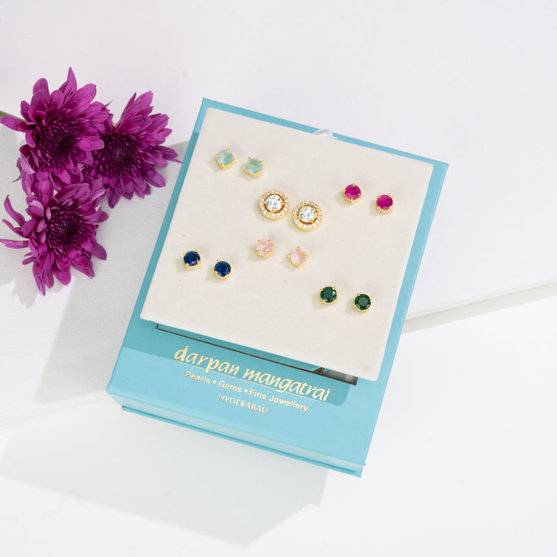 Timeless Round-Cut Changeable Frame Stud Earrings with Multi-Coloured Stones Box