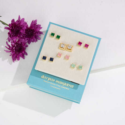 Radiant Square-Cut Changeable Frame Stud Earrings with Multi-Coloured Stones