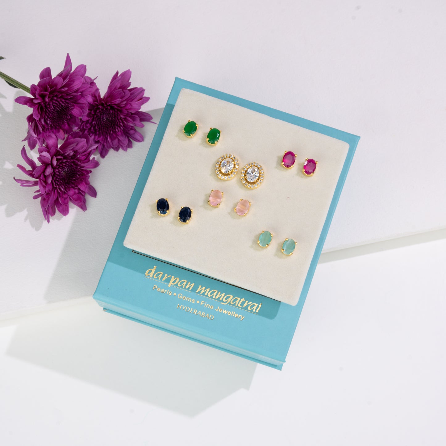 Elegant Oval-Cut Changeable Frame Stud Earrings with Multi-Coloured Stones