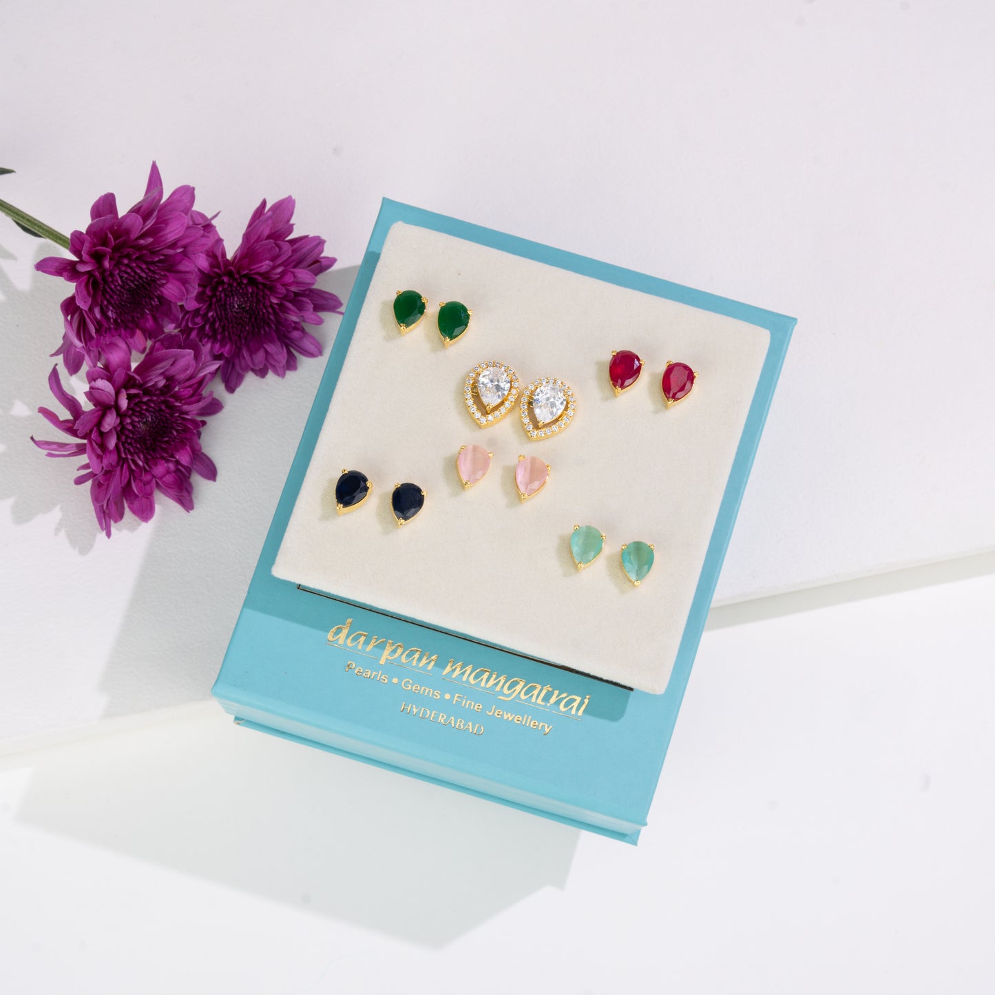 Graceful Pear Changeable Frame Stud Earrings with Multi-Coloured Stones