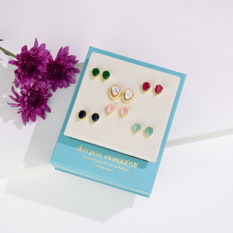 Graceful Pear Changeable Frame Stud Earrings with Multi-Coloured Stones Box