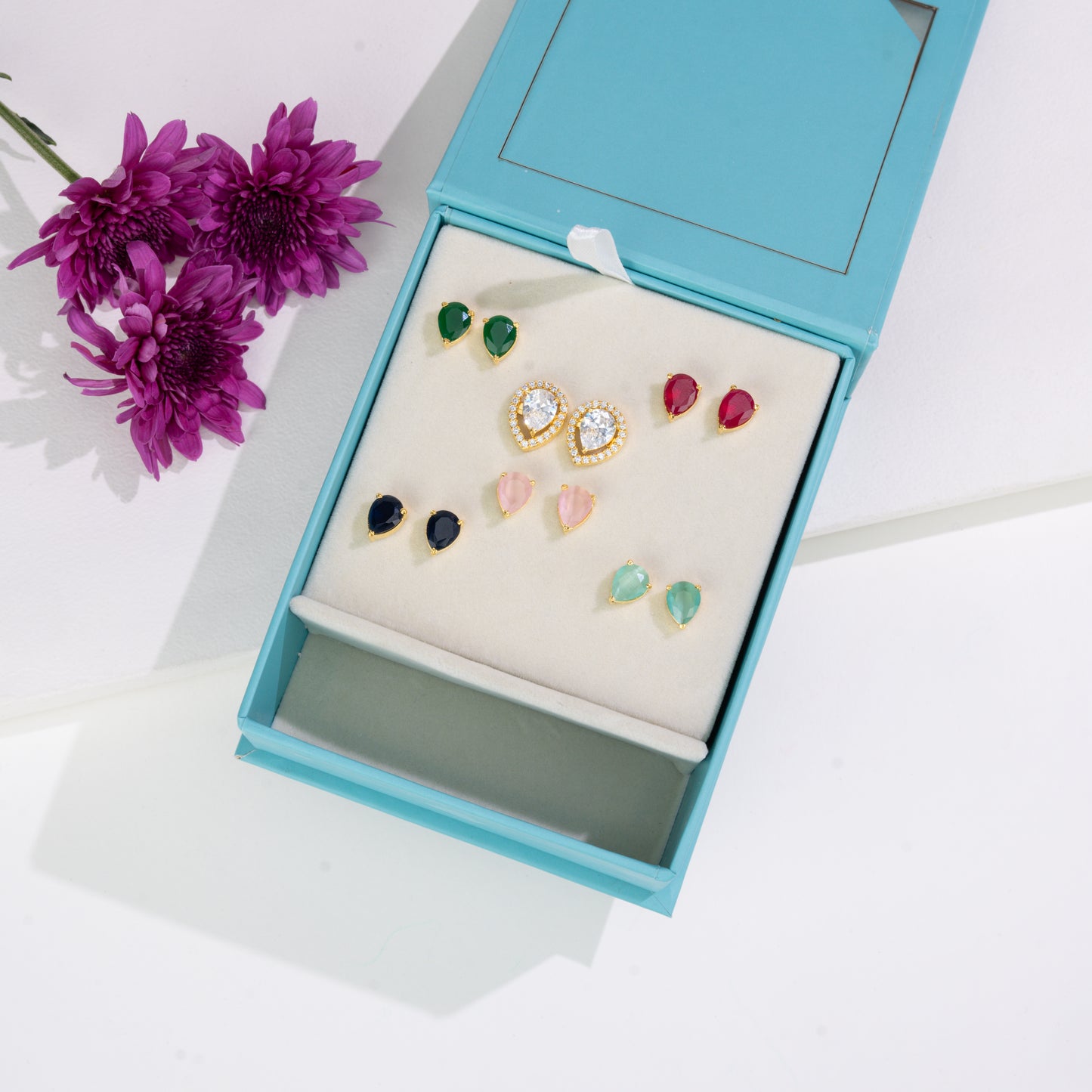 Graceful Pear Changeable Frame Stud Earrings with Multi-Coloured Stones