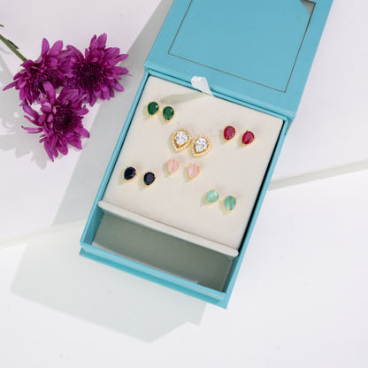 Graceful Pear Changeable Frame Stud Earrings with Multi-Coloured Stones