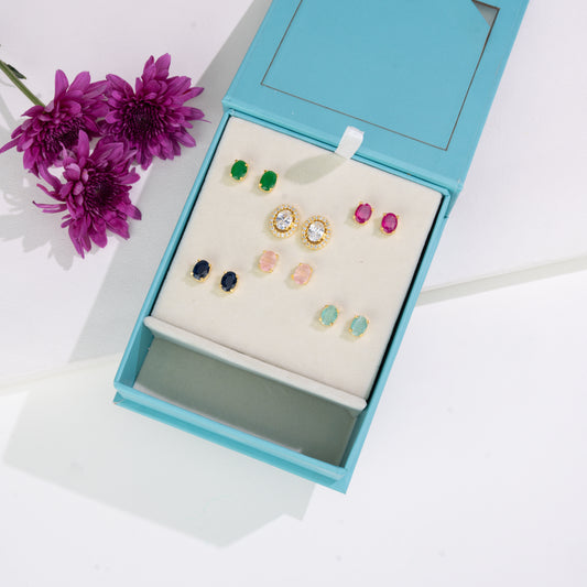 Elegant Oval-Cut Changeable Frame Stud Earrings with Multi-Coloured Stones