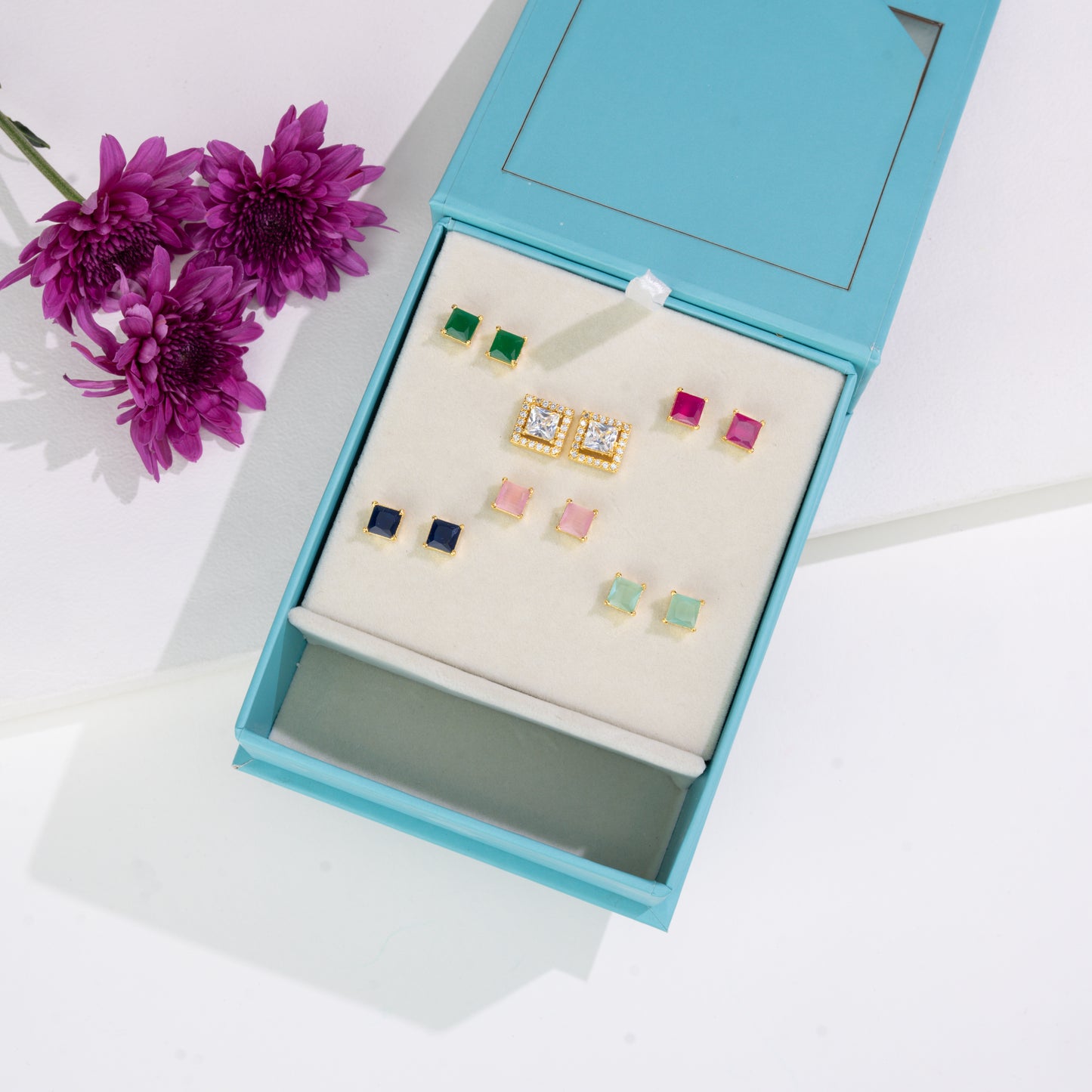 Radiant Square-Cut Changeable Frame Stud Earrings with Multi-Coloured Stones Box