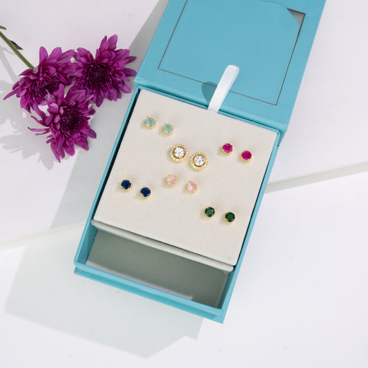 Timeless Round-Cut Changeable Frame Stud Earrings with Multi-Coloured Stones
