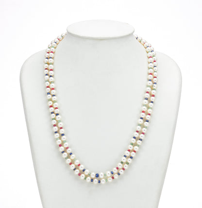 Natural Ruby & Emerald & Sapphire And 6.0-7.0mm Near Round Mix Freshwater Pearl Necklace set-AA Quality