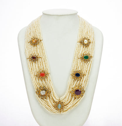 Sophisticated Seed Pearl Navratan Side Pieces Necklace