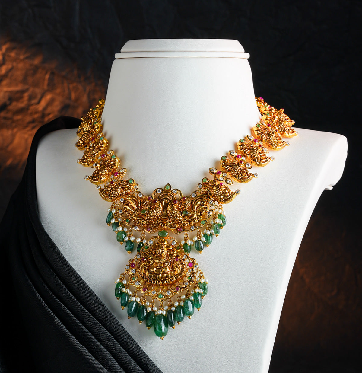 Traditional Ruby Emerald Gold Stone Necklace Set