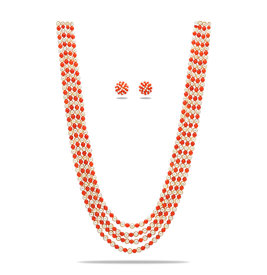 Natural Coral And 5.0-6.0mm Golden Saltwater Akoya Pearls Necklace Set-AAA Quality