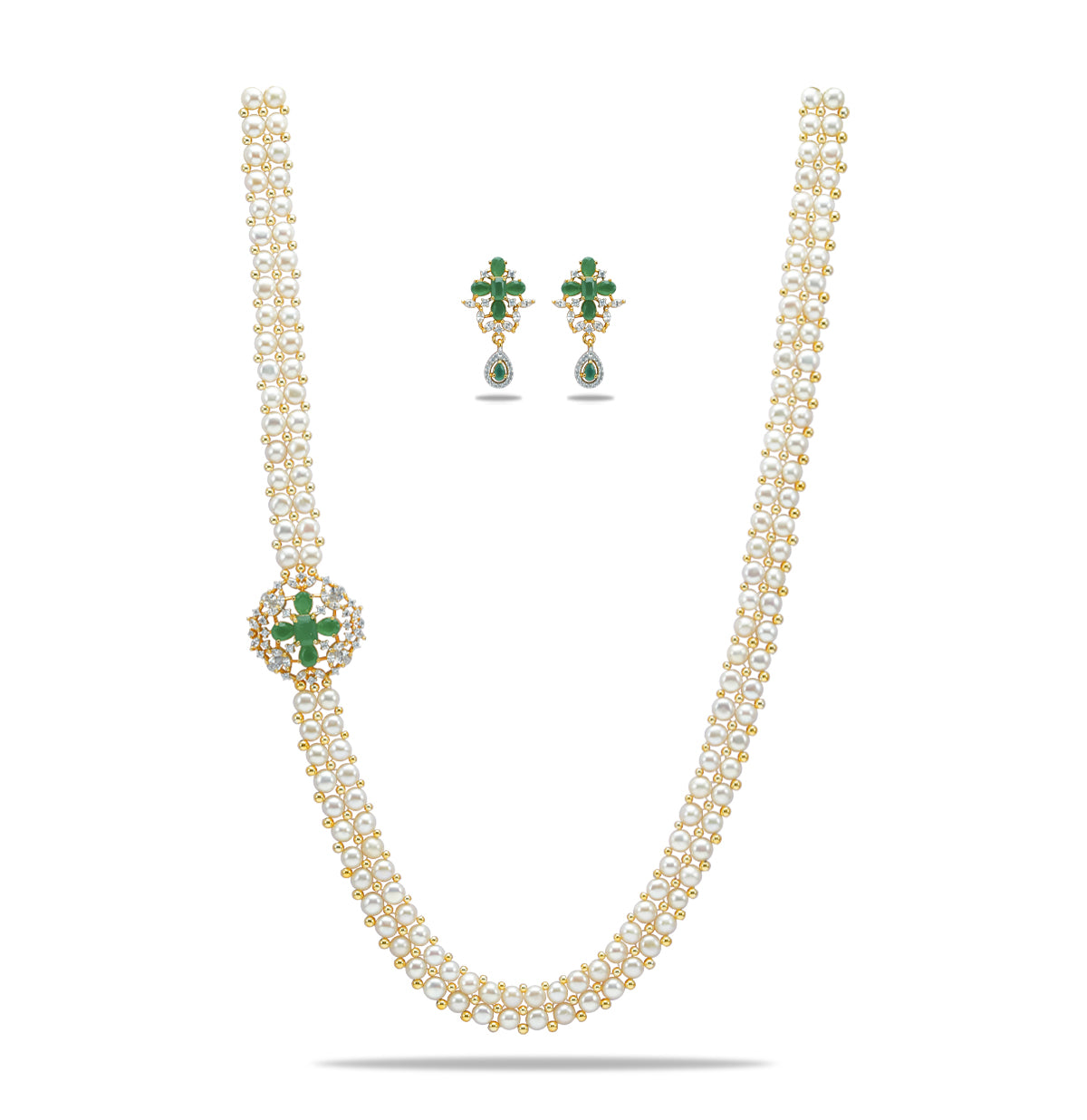 Regal Button Fancy Green Stone Freshwater Pearl Necklace Set