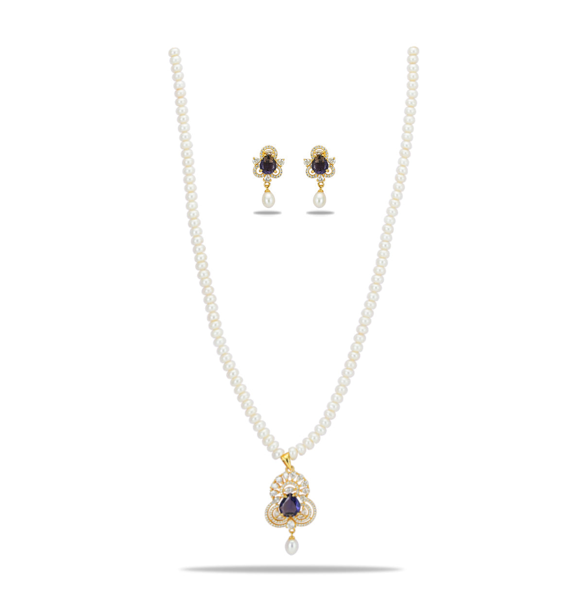 Vitreous Blue Stone Freshwater Pearl Necklace Set