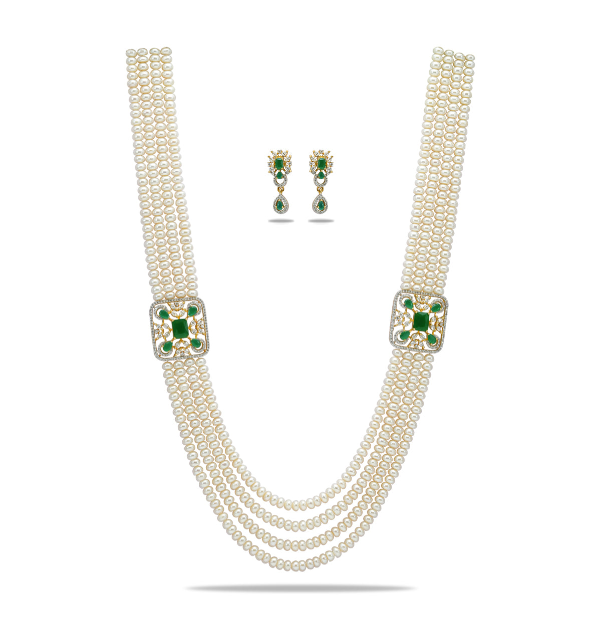 Innovative Green Stone  Side Pieces Freshwater Pearl Necklace Set