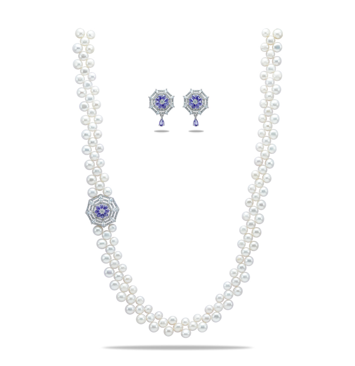 Sparkling Blue Stone Sidepiece Freshwater Pearls Necklace Set