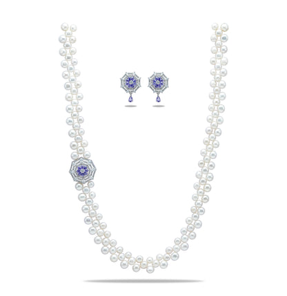 Sparkling Blue Stone Sidepiece Freshwater Pearls Necklace Set