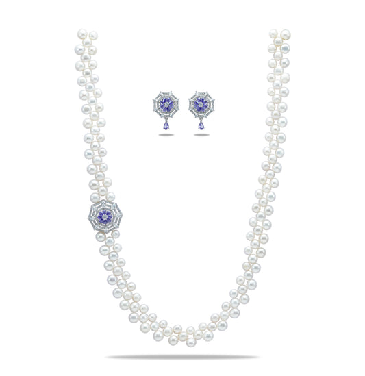 Sparkling Blue Stone Sidepiece Freshwater Pearls Necklace Set