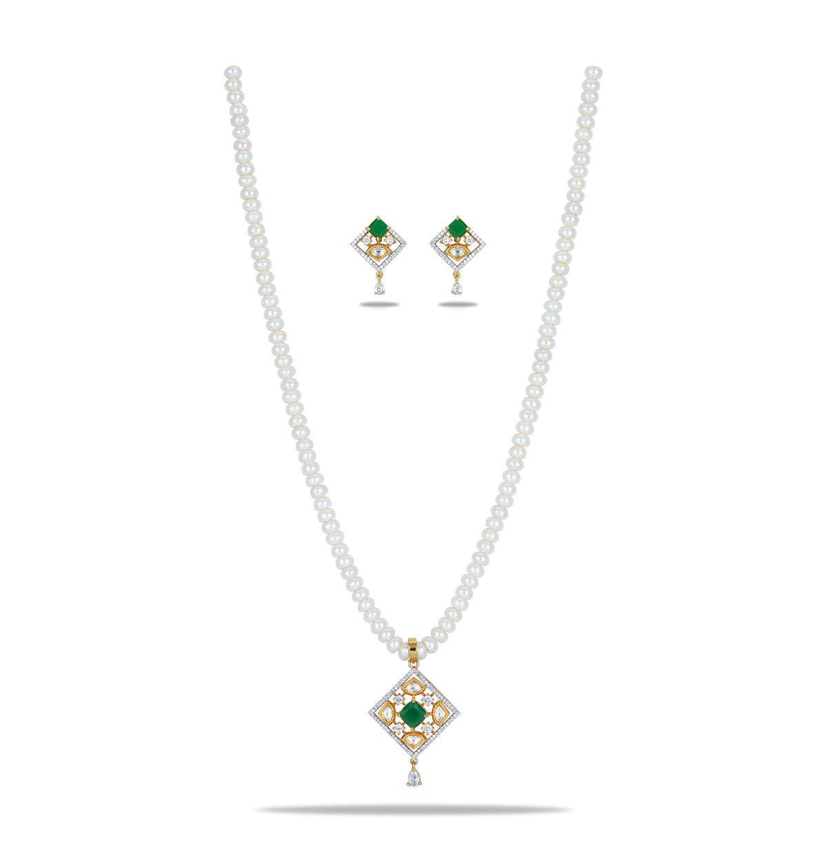 Premium Green Stone Freshwater Pearl Necklace Set