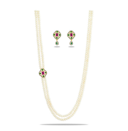 Unique Red Green Stone Side Piece Freshwater Pearl Necklace Set