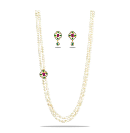 Unique Red Green Stone Side Piece Freshwater Pearl Necklace Set