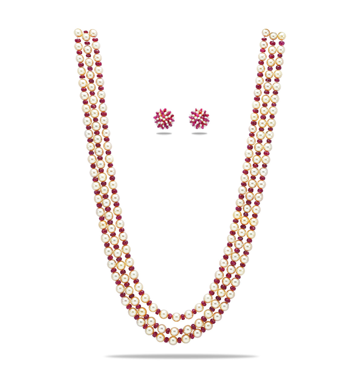 Natural Ruby And 6.0-7.0mm Golden Saltwater Akoya Pearls Necklace Set - A Quality