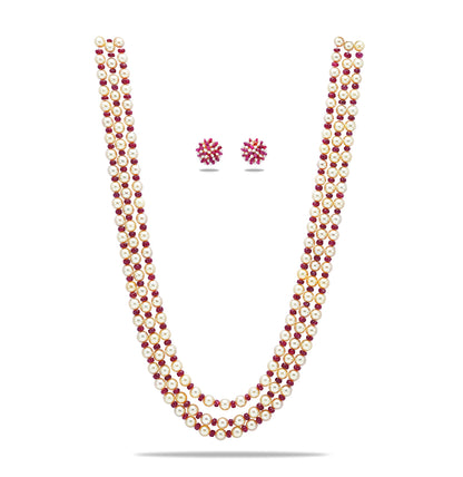 Natural Ruby And 6.0-7.0mm Golden Saltwater Akoya Pearls Necklace Set - A Quality