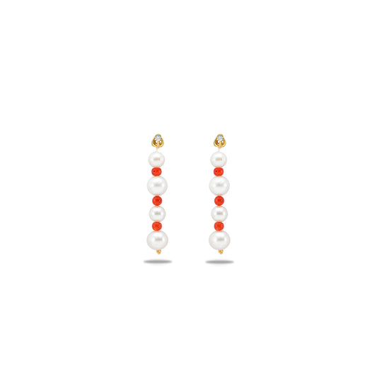 Coral Near Round Freshwater Pearl Dangling Earrings