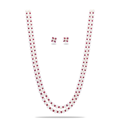 Natural Ruby And 6.0-7.0mm White Near Round Freshwater Pearl Necklace Set AA Quality
