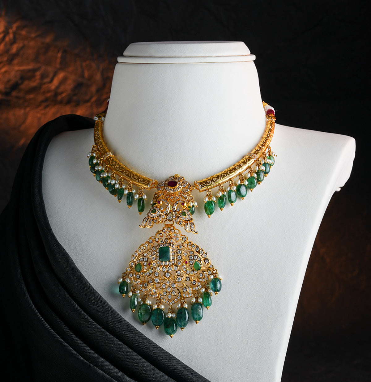 Royal Emerald Ruby Gold Stone Necklace Set