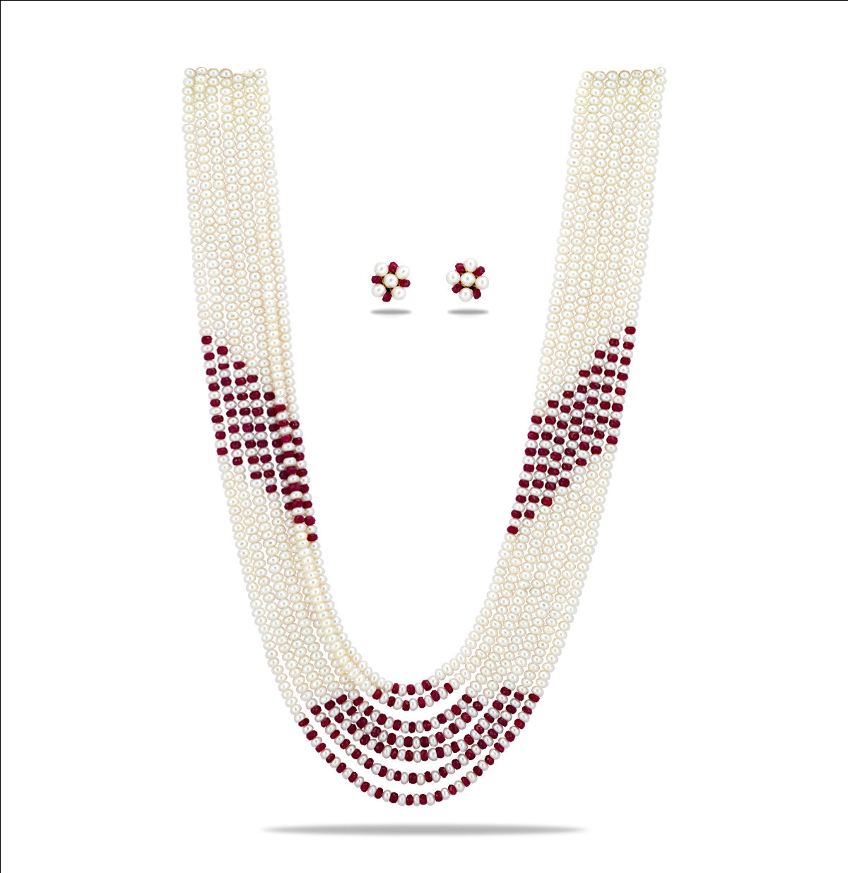 Ethereal Natural Ruby And 3.0-4.0mm Button Freshwater Pearl Mix Necklace Set- AAA Quality