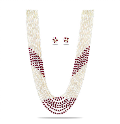 Ethereal Natural Ruby And 3.0-4.0mm Button Freshwater Pearl Mix Necklace Set- AAA Quality