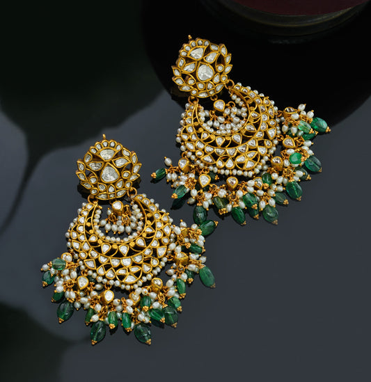 Dramatic Polki Emerald with Pearl Gold Chand Bali
