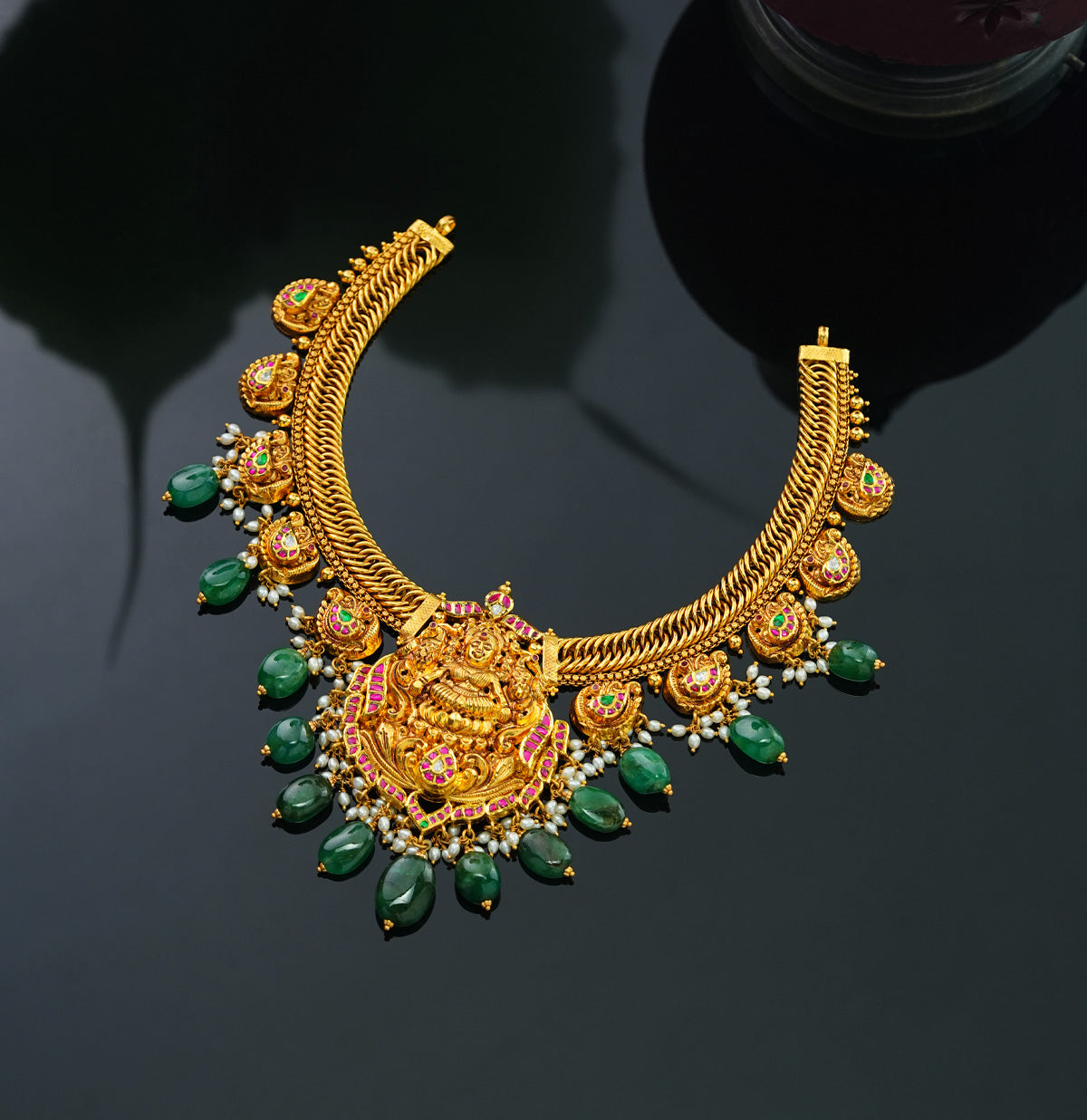 Designer Laxmi Devi Emerald Gold Stone Necklace