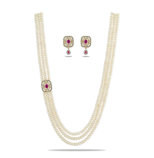 Sparkly Red Stone Side Piece Freshwater Pearl Necklace Set