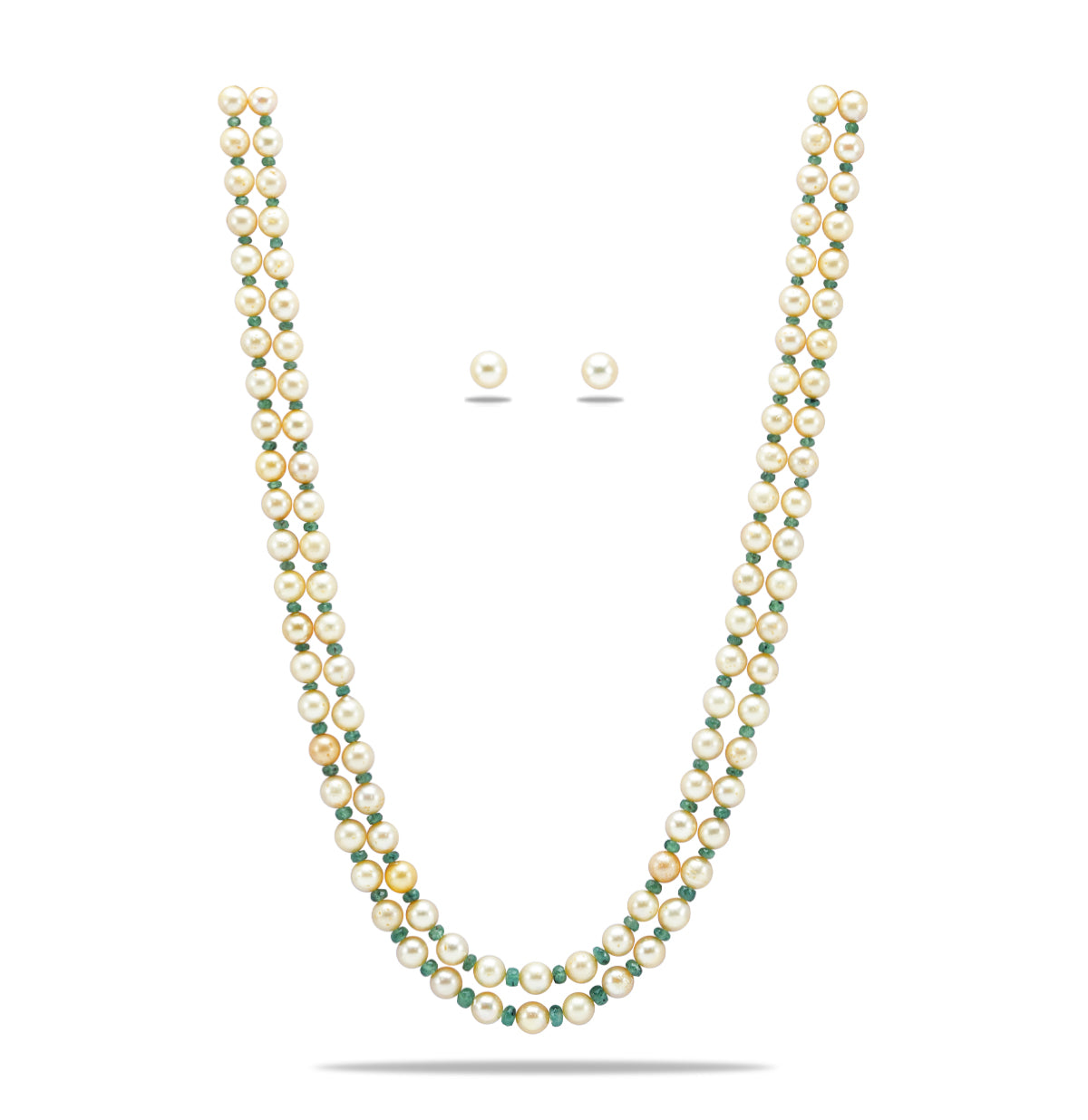 Natural Emerald and Golden  Akoya SaltwaterPearls Necklace Set - A Quality