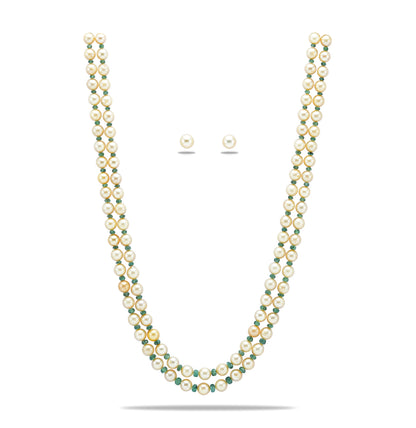 Natural Emerald and Golden  Akoya SaltwaterPearls Necklace Set - A Quality