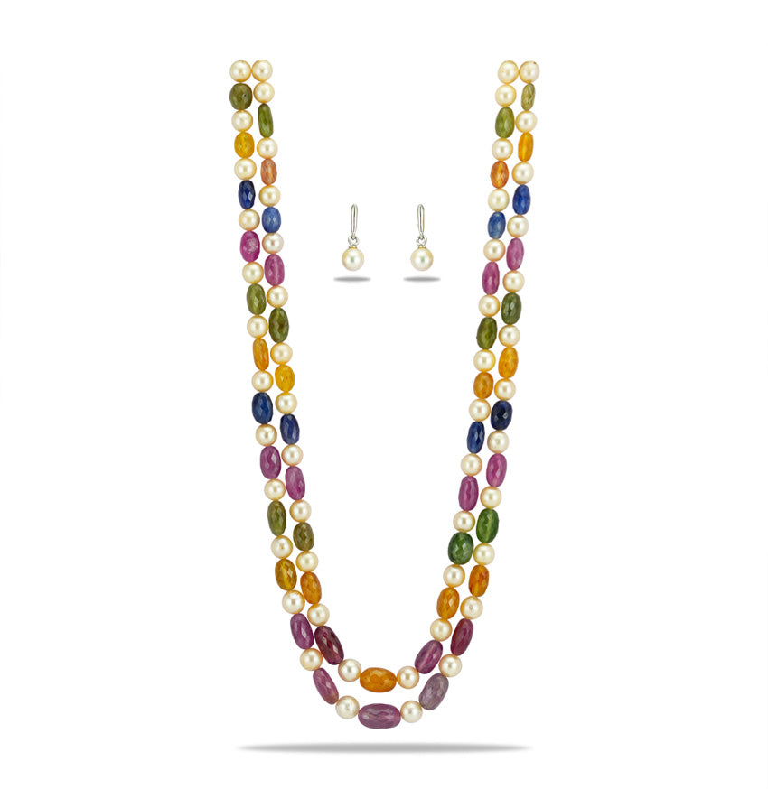 Natural Navaratan  Beads and 7.0-8.0mm Cream Akoya Pearls Necklace Set - A Quality