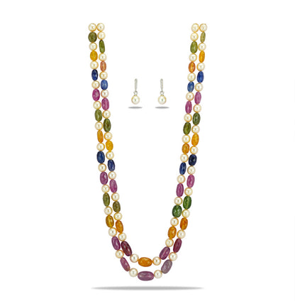 Natural Navaratan  Beads and 7.0-8.0mm Cream Akoya Pearls Necklace Set - A Quality