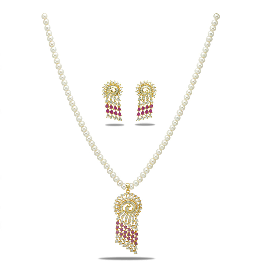 Designer Red Stone Freshwater Pearls Necklace Set