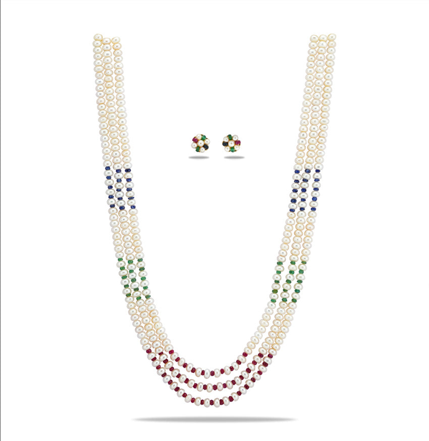 Natural Mix Ruby & Sapphire & Emerald And 5.0-6.0mm Button Freshwater Pearl Necklace Set - AA Quality