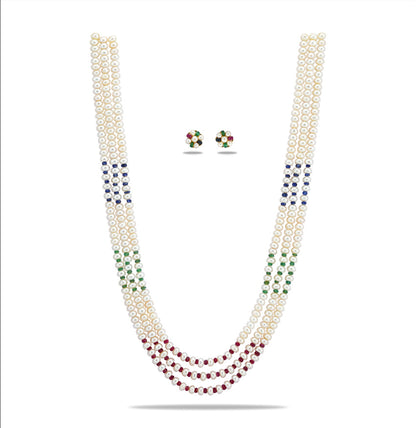 Natural Mix Ruby & Sapphire & Emerald And 5.0-6.0mm Button Freshwater Pearl Necklace Set - AA Quality