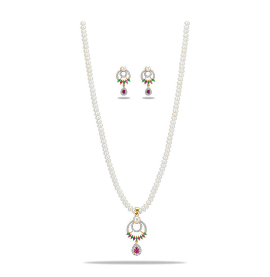 Glowy Red Green Freshwater Pearl Necklace Set