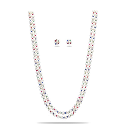Natural Ruby & Emerald & Sapphire And 6.0-7.0mm Near Round Mix Freshwater Pearl Necklace set-AA Quality