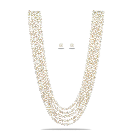 5.0-6.0mm White Button Fancy Freshwater Pearl Necklace Set - AAA Quality