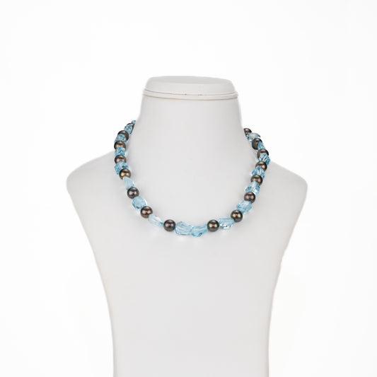 Blue Topaz Beads & Black Freshwater Pearl Necklace