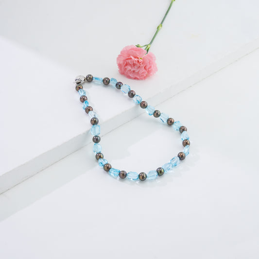 Blue Topaz Beads & Black Freshwater Pearl Necklace