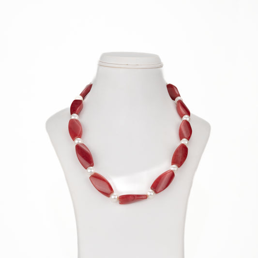 Semi Precious Red Beads & White Freshwater Pearl Necklace